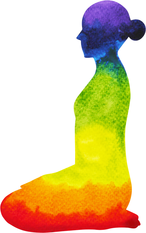 side view of rainbow woman in diamond pose vajrasana yoga